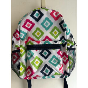 Thirty-One Gifts Backpack Geometric Ikat Print Pink Green Navy Laptop School Bag